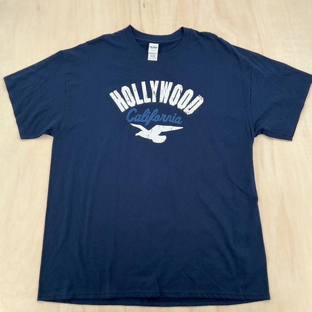 Gildan T-Shirt Men XL Navy Blue Hollywood California Graphic Distressed Souvenir